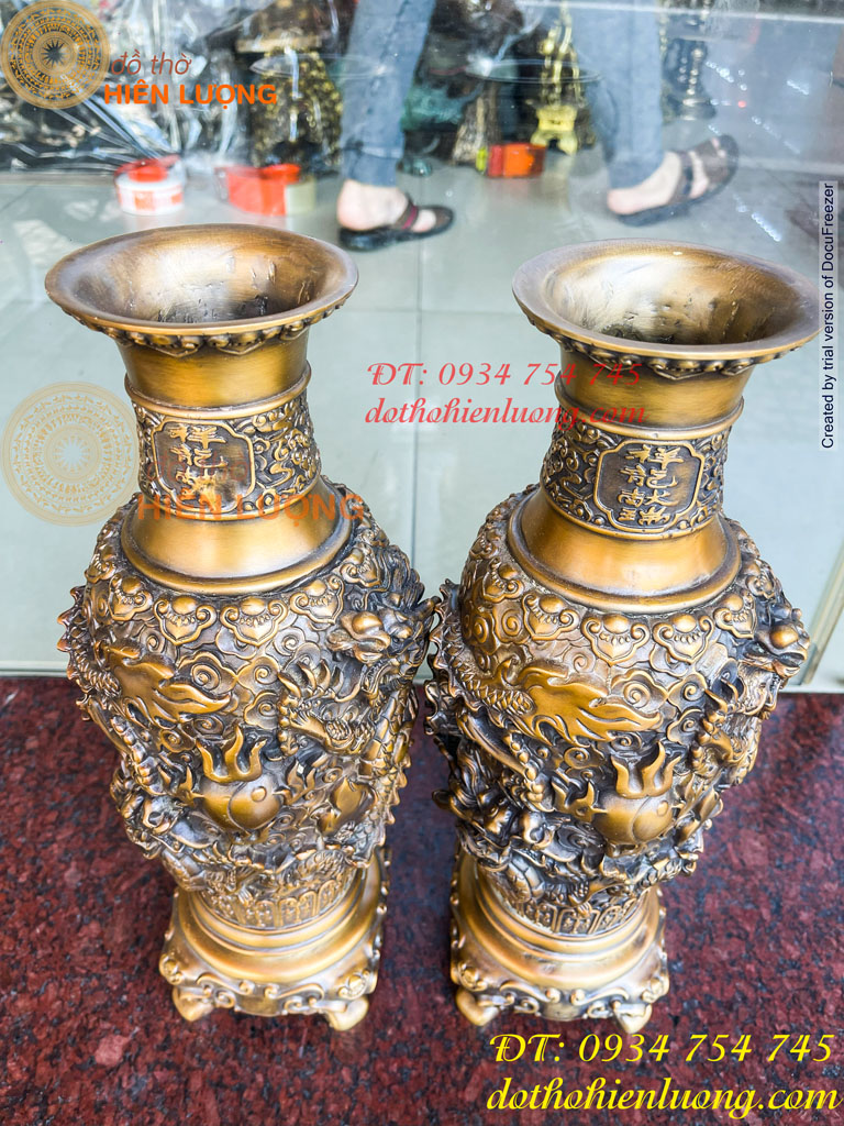 Đôi Lục Bình Rồng Nổi Bằng Đồng Hun Cao 38cm, nặng 8kg