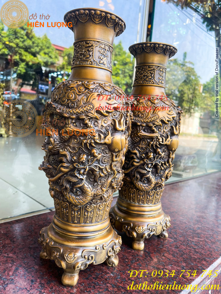 Đôi Lục Bình Rồng Nổi Bằng Đồng Hun Cao 38cm, nặng 8kg