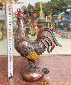 Tượng Gà Trống Bằng Đồng Vẽ Màu Ngũ Sắc Đứng Bao Tiền Cao 30cm