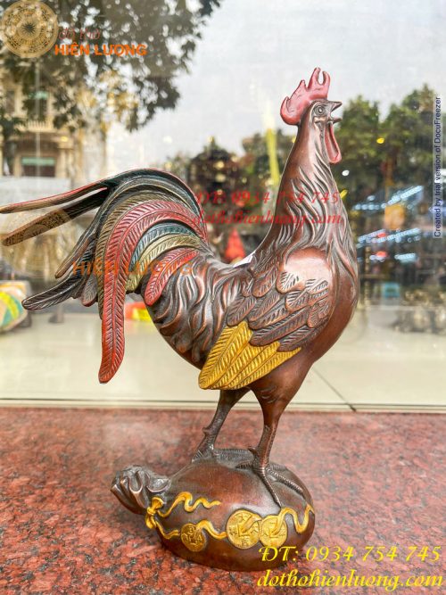 Tượng Gà Trống Bằng Đồng Vẽ Màu Ngũ Sắc Đứng Bao Tiền Cao 30cm
