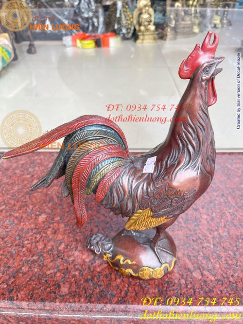 Tượng Gà Trống Bằng Đồng Vẽ Màu Ngũ Sắc Đứng Bao Tiền Cao 30cm