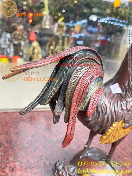 Tượng Gà Trống Bằng Đồng Vẽ Màu Ngũ Sắc Đứng Bao Tiền Cao 30cm