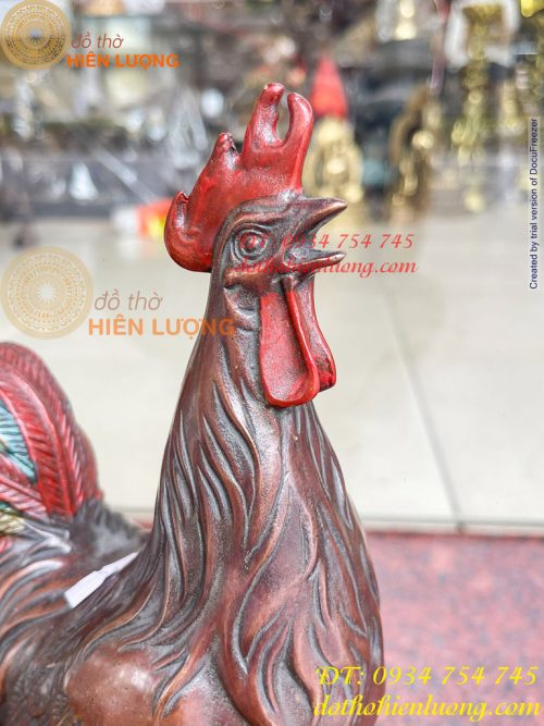 Tượng Gà Trống Bằng Đồng Vẽ Màu Ngũ Sắc Đứng Bao Tiền Cao 30cm