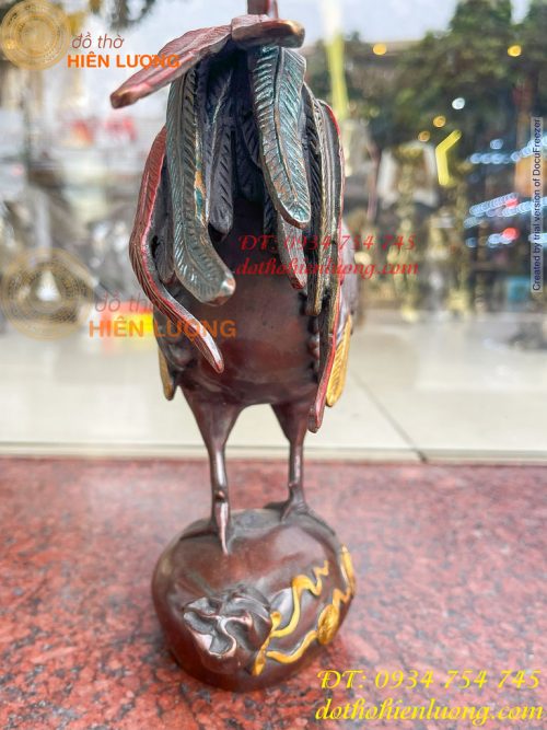 Tượng Gà Trống Bằng Đồng Vẽ Màu Ngũ Sắc Đứng Bao Tiền Cao 30cm