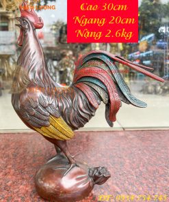 Tượng Gà Trống Bằng Đồng Vẽ Màu Ngũ Sắc Đứng Bao Tiền Cao 30cm