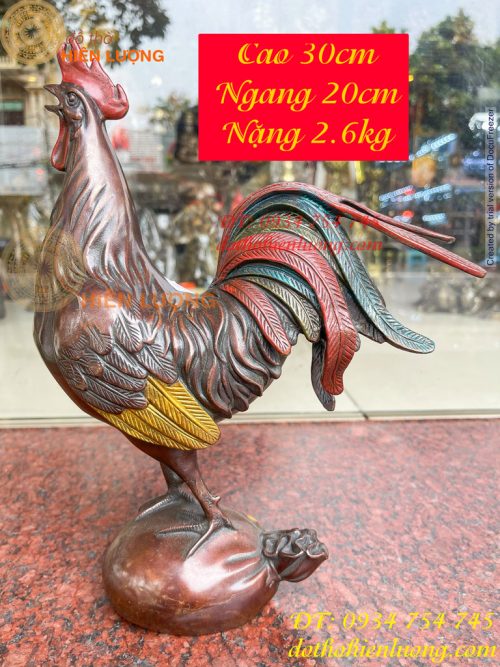 Tượng Gà Trống Bằng Đồng Vẽ Màu Ngũ Sắc Đứng Bao Tiền Cao 30cm