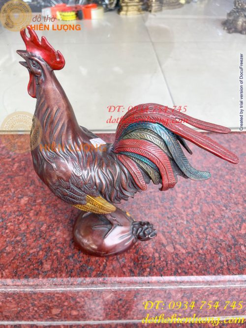 Tượng Gà Trống Bằng Đồng Vẽ Màu Ngũ Sắc Đứng Bao Tiền Cao 30cm