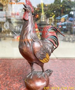 Tượng Gà Trống Bằng Đồng Vẽ Màu Ngũ Sắc Đứng Bao Tiền Cao 30cm