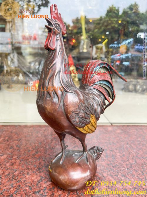Tượng Gà Trống Bằng Đồng Vẽ Màu Ngũ Sắc Đứng Bao Tiền Cao 30cm