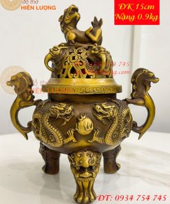 Lư Xông Trầm Rồng Nắp Nghê Bằng Đồng Cao 18cm