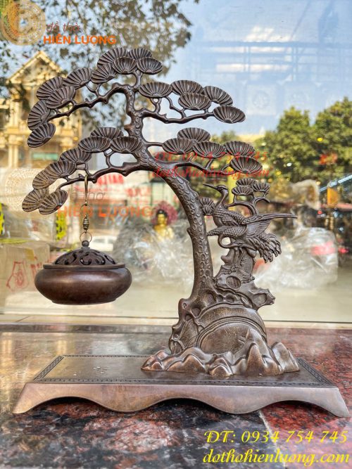 Lư xông trầm treo cây tùng hạc bằng đồng cao 29cm
