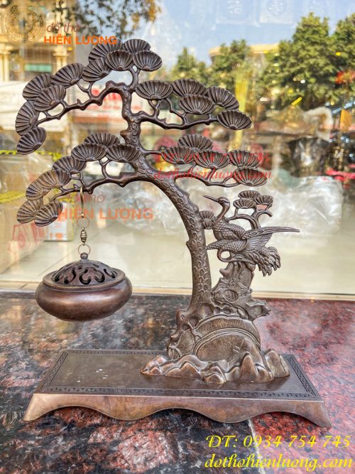 Lư xông trầm treo cây tùng hạc bằng đồng cao 29cm