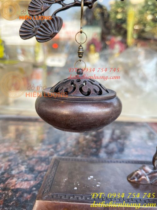 Lư xông trầm treo cây tùng hạc bằng đồng cao 29cm