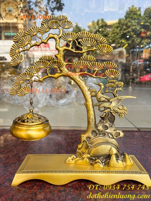 Lư xông trầm treo cây tùng hạc bằng đồng cao 29cm