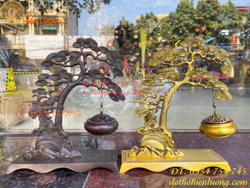 Lư xông trầm treo cây tùng hạc bằng đồng cao 29cm