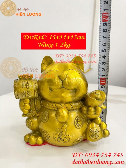 Tượng mèo thần tài bằng đồng phong thủy (DxRxC: 15x11x15cm)