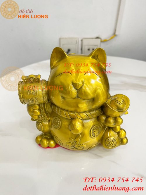 Tượng mèo thần tài bằng đồng phong thủy (DxRxC: 15x11x15cm)