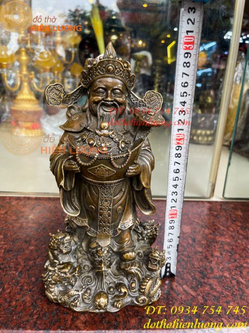 Tượng ông thần tiền đứng cửu long bằng đồng hun cao 30cm