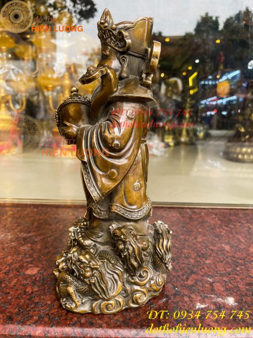 Tượng ông thần tiền đứng cửu long bằng đồng hun cao 30cm