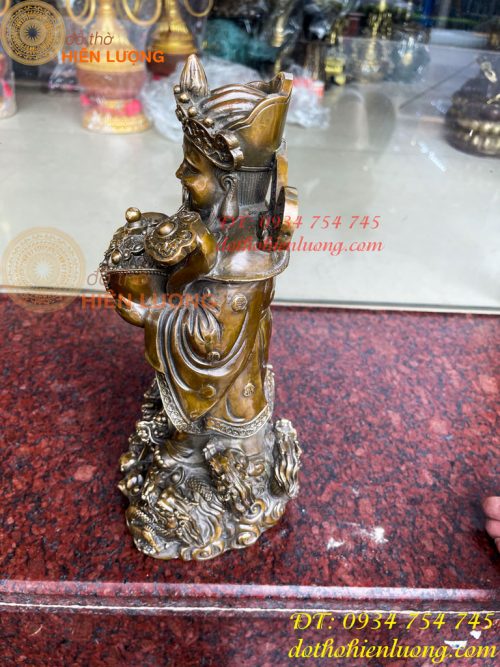 Tượng ông thần tiền đứng cửu long bằng đồng hun cao 30cm