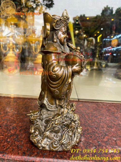 Tượng ông thần tiền đứng cửu long bằng đồng hun cao 30cm