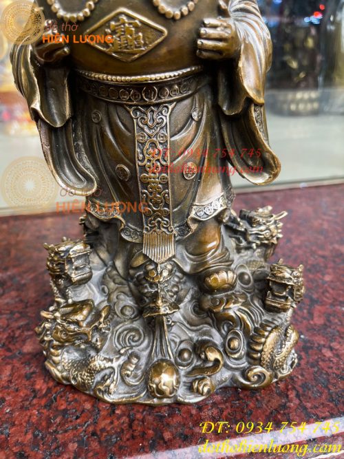 Tượng ông thần tiền đứng cửu long bằng đồng hun cao 30cm