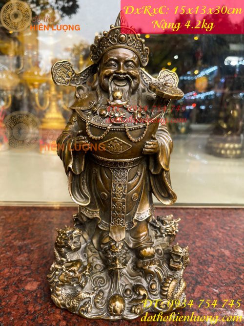 Tượng ông thần tiền đứng cửu long bằng đồng hun cao 30cm