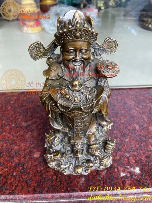 Tượng ông thần tiền đứng cửu long bằng đồng hun cao 30cm