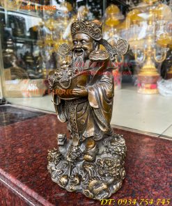 Tượng ông thần tiền đứng cửu long bằng đồng hun cao 30cm