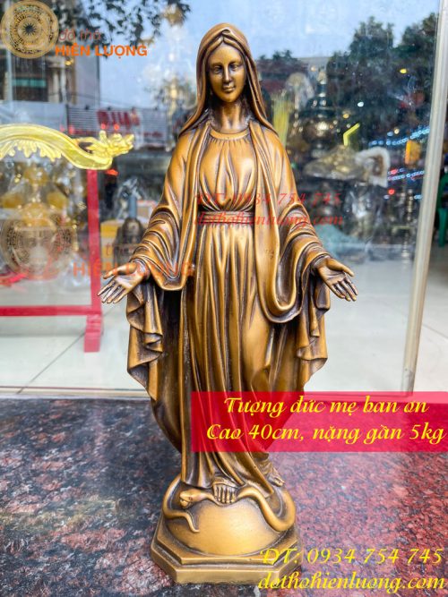 Tượng đức mẹ ban ơn bằng đồng hun cao 40cm