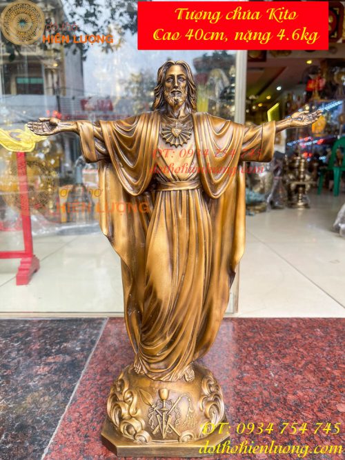 Tượng Chúa Kito Dang Tay Bằng Đồng Hun Cao 40cm