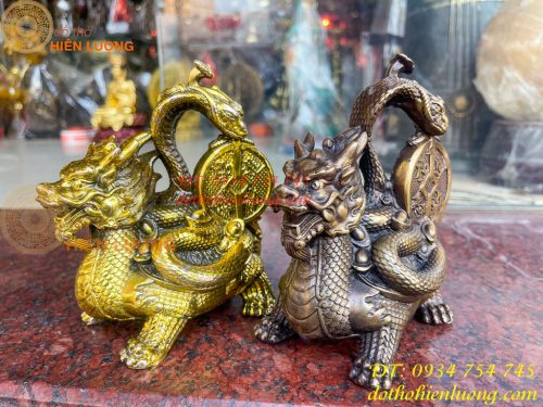 Tượng long quy cõng rắn bằng đồng phong thủy cao 15cm