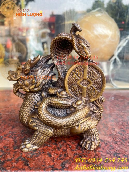 Tượng long quy cõng rắn bằng đồng phong thủy cao 15cm