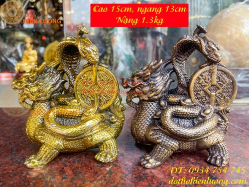 Tượng long quy cõng rắn bằng đồng phong thủy cao 15cm