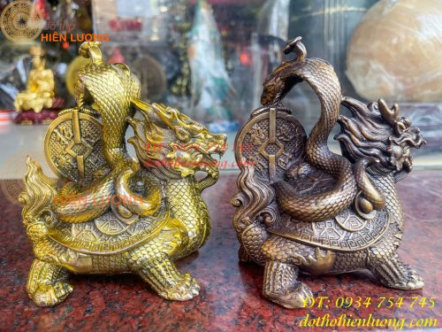 Tượng long quy cõng rắn bằng đồng phong thủy cao 15cm