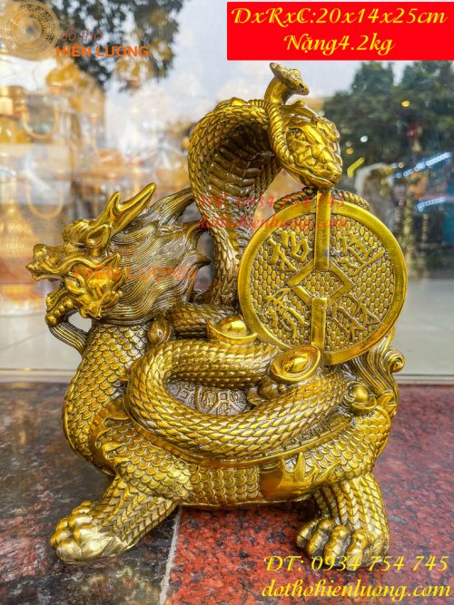 Tượng long quy cõng rắn bằng đồng phong thủy cao 15cm