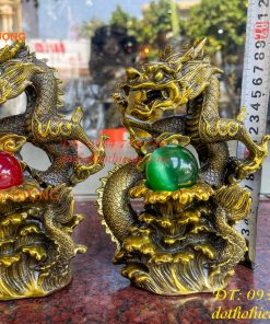Tượng Rồng Dâng Ngọc Bằng Đồng Vàng Cao 20cm 1