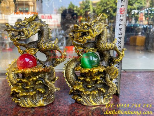 Tượng Rồng Dâng Ngọc Bằng Đồng Vàng Cao 20cm 1