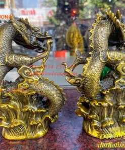 Tượng Rồng Dâng Ngọc Bằng Đồng Vàng Cao 20cm 10