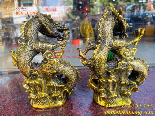 Tượng Rồng Dâng Ngọc Bằng Đồng Vàng Cao 20cm 10