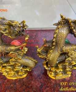 Tượng Rồng Dâng Ngọc Bằng Đồng Vàng Cao 20cm 11