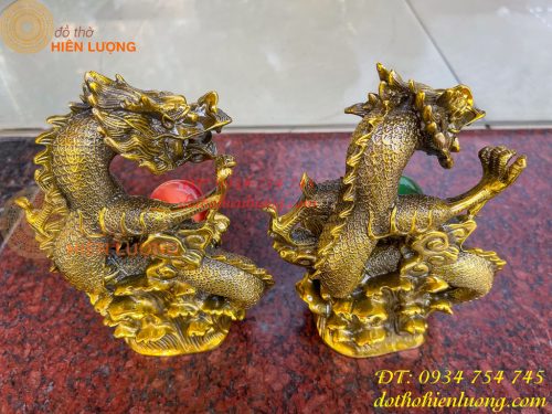 Tượng Rồng Dâng Ngọc Bằng Đồng Vàng Cao 20cm 11