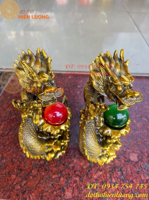 Tượng Rồng Dâng Ngọc Bằng Đồng Vàng Cao 20cm 13