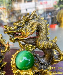 Tượng Rồng Dâng Ngọc Bằng Đồng Vàng Cao 20cm 14
