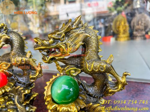 Tượng Rồng Dâng Ngọc Bằng Đồng Vàng Cao 20cm 14