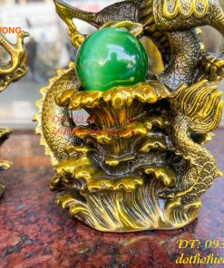 Tượng Rồng Dâng Ngọc Bằng Đồng Vàng Cao 20cm 15