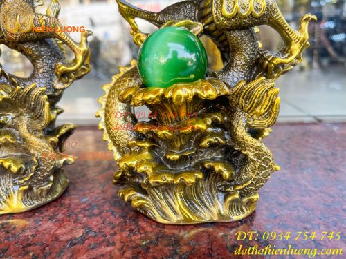 Tượng Rồng Dâng Ngọc Bằng Đồng Vàng Cao 20cm 15