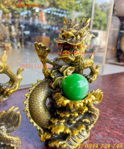 Tượng Rồng Dâng Ngọc Bằng Đồng Vàng Cao 20cm 16
