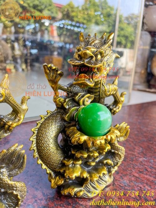 Tượng Rồng Dâng Ngọc Bằng Đồng Vàng Cao 20cm 16