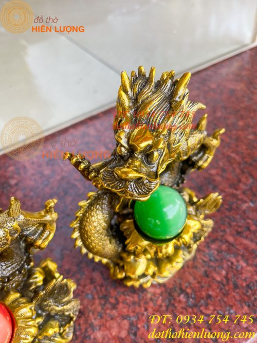 Tượng Rồng Dâng Ngọc Bằng Đồng Vàng Cao 20cm 17
